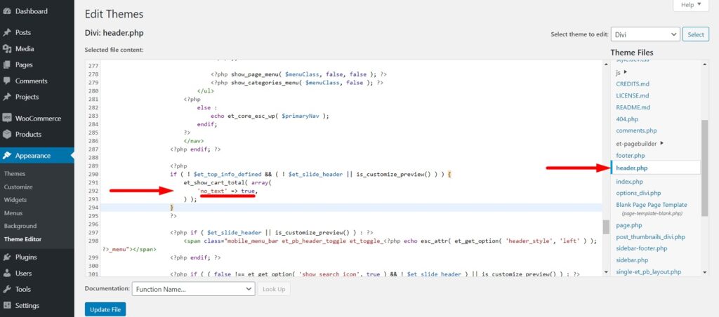 Divi header.php theme editor Cart Icon code