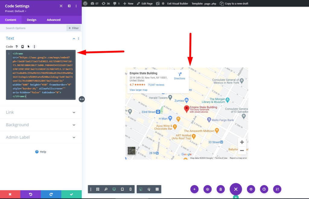 Divi Code module with Google map embed code
