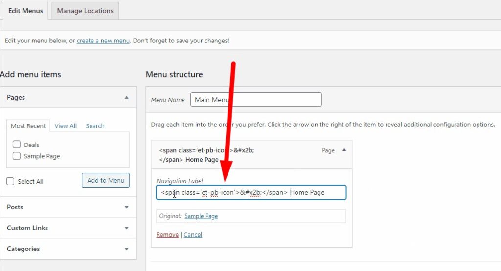Divi Icon code in the menu item text