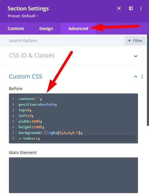 CSS code for overlay color on parallax background Divi