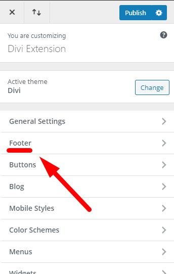Only footer is visible in the Divi theme customizer