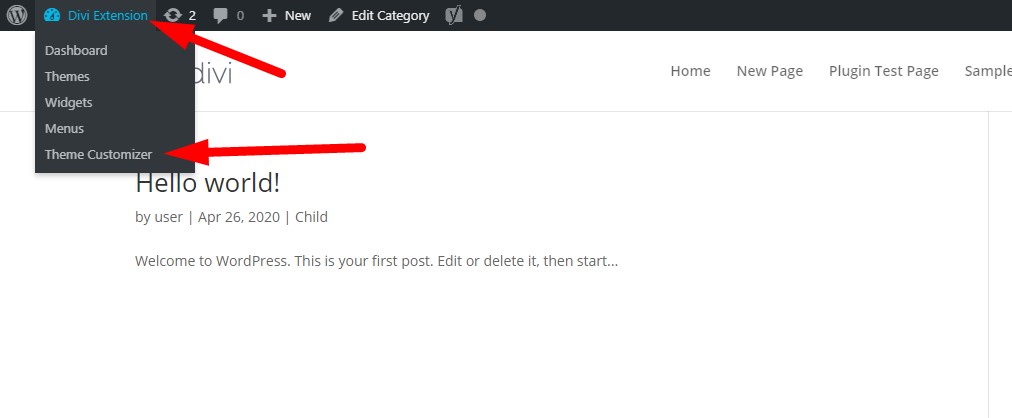 Theme Customizer menu item in the WordPress admin bar