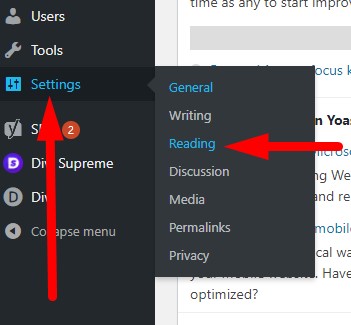 WordPress Reading Settings menu in Dashboard