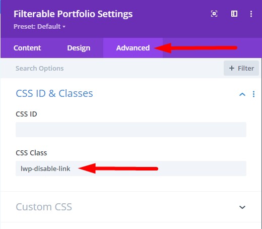 CSS Class Portfolio module disable link