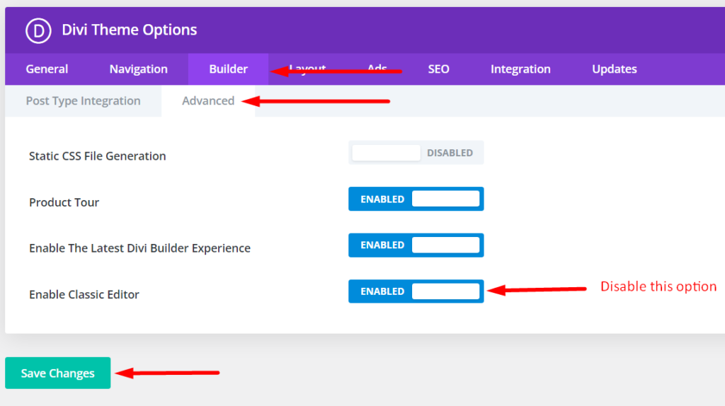 Enable Classic Editor Option in Divi Theme Options Builder Settings