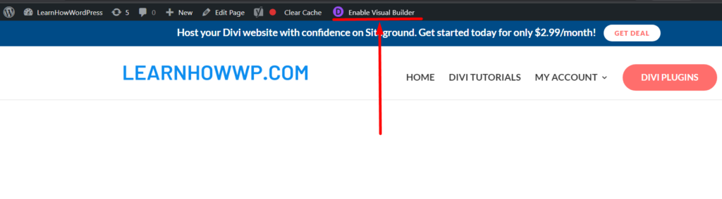 Enable Visual Builder link in the WordPress admin bar